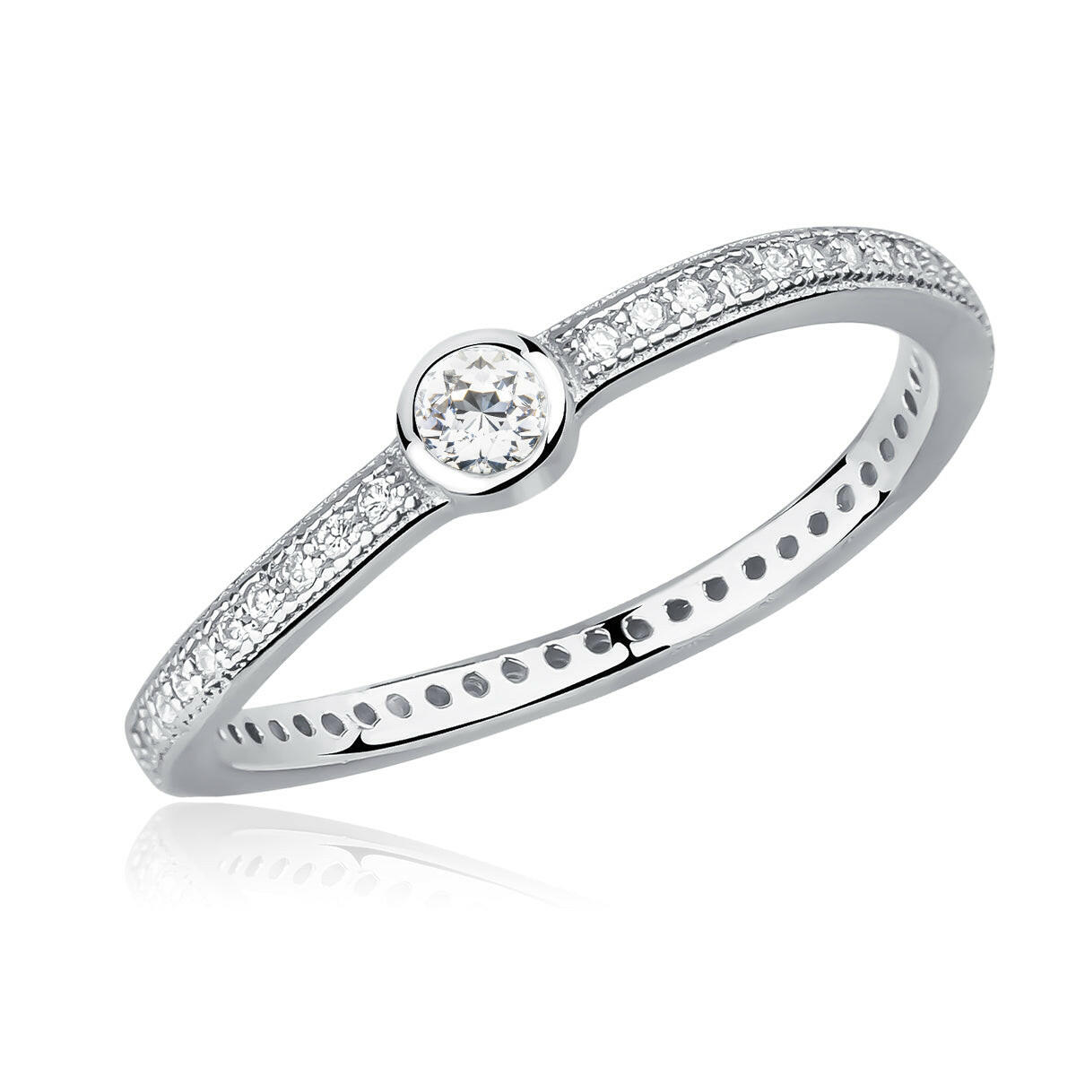 Silver ring with a central diamond and smaller diamonds on the band against a white background
