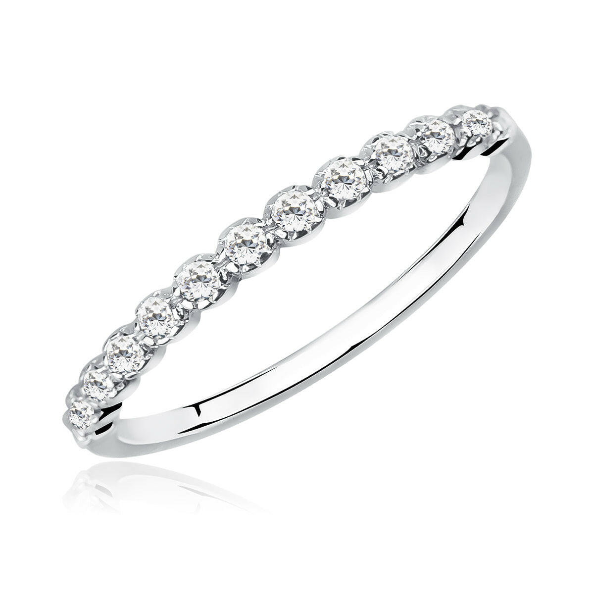 Silver ring with small diamonds on a white background