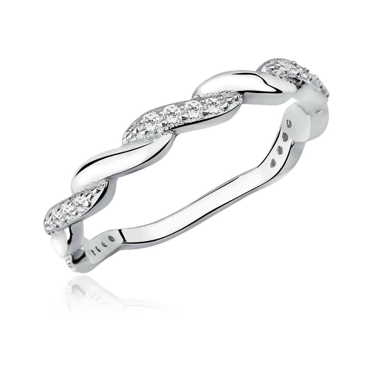 Silver ring with diamond accents on a white background