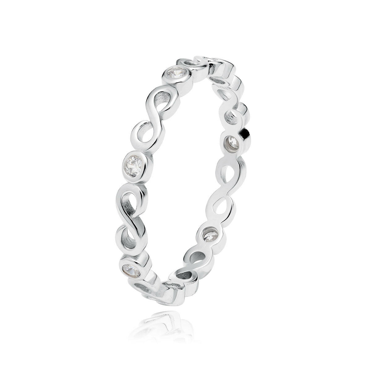 Silver ring with intricate design on a white background