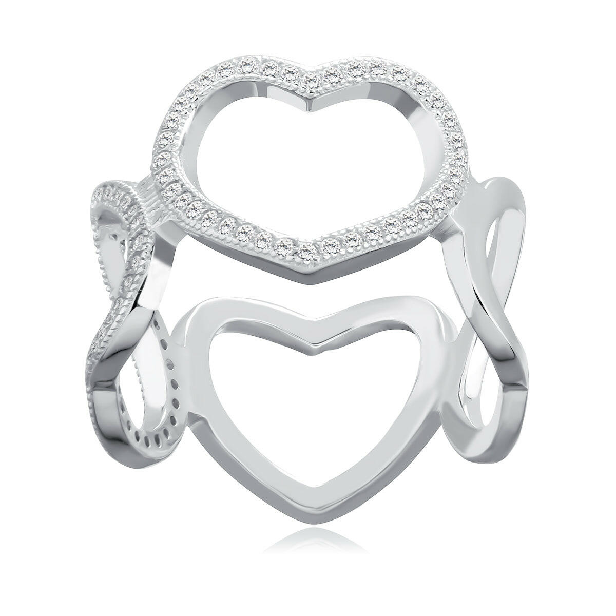 Silver heart-shaped ring with embedded stones on a white background