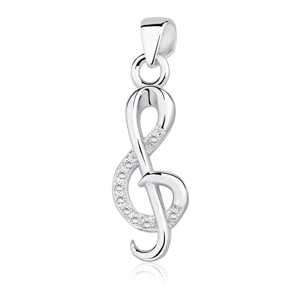 A silver pendant in the shape of a treble clef adorned with white zirconia gems.