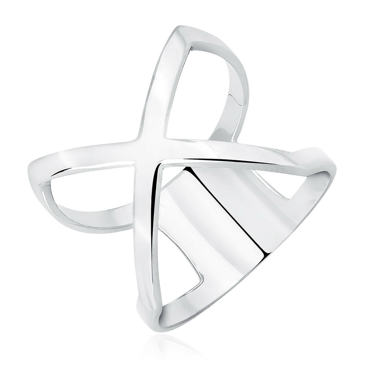 Silver ring with a modern design on a white background