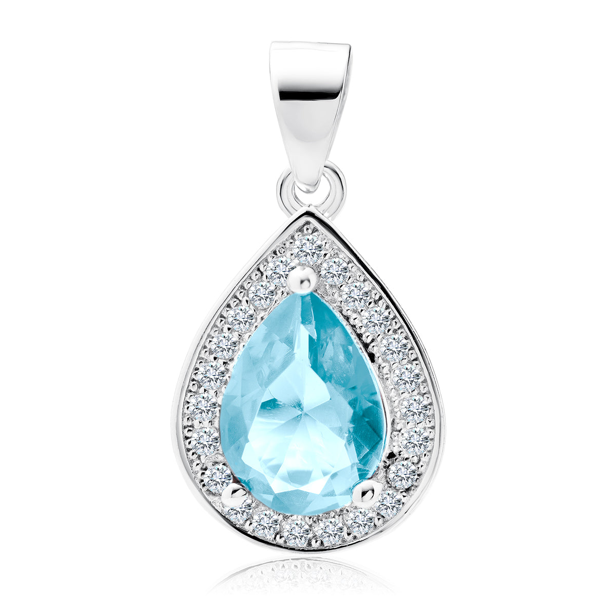 A silver teardrop-shaped pendant with a central blue aquamarine zirconia surrounded by white zirconia stones.
