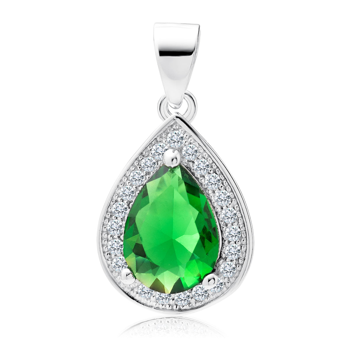 A silver pendant with a teardrop-shaped central emerald gemstone surrounded by white zirconia