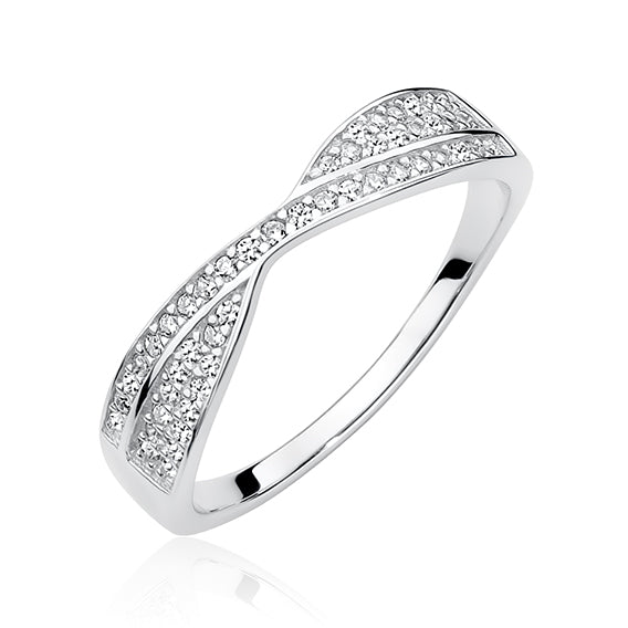 A sterling silver ring with multiple zirconia stones arranged in a pattern around its circumference.