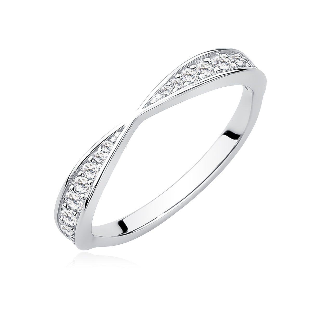 A sterling silver ring with zirconia stones arranged in a curved pattern along the top.