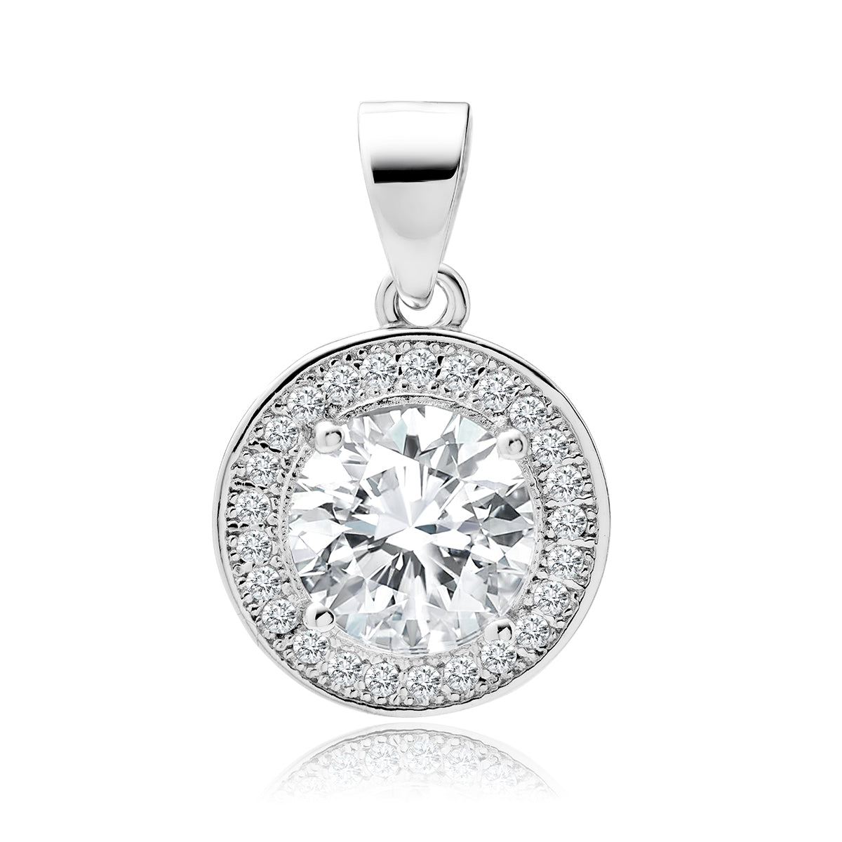 A round white zirconia gemstone cluster pendant in silver color with a larger central stone surrounded by smaller ones, attached to a loop for a chain.