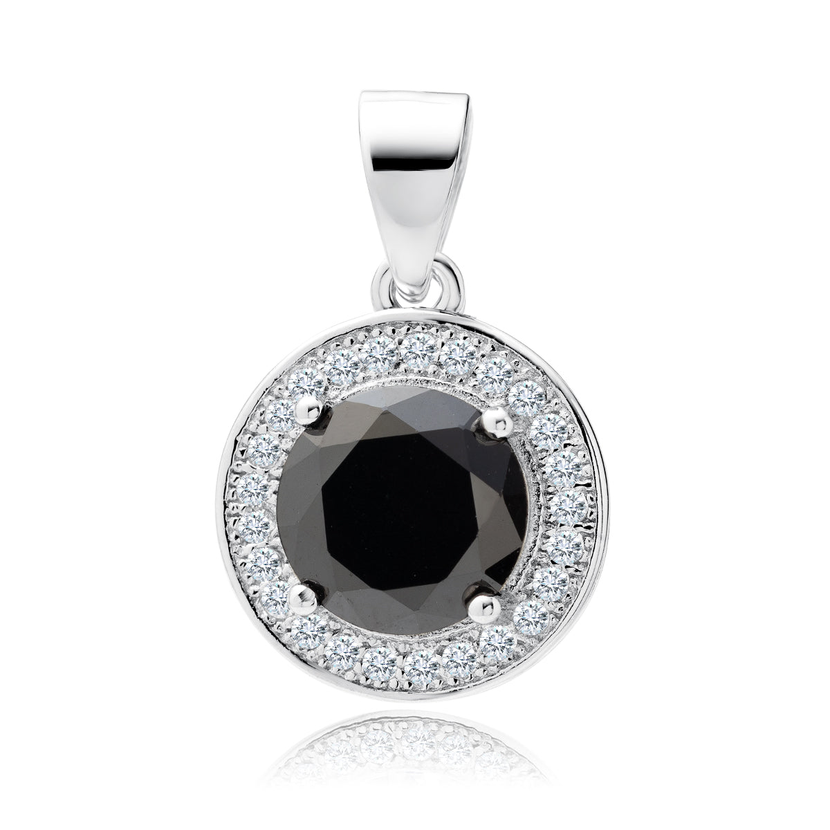 A round black zirconia gemstone pendant surrounded by white zirconia gemstones, set in silver.
