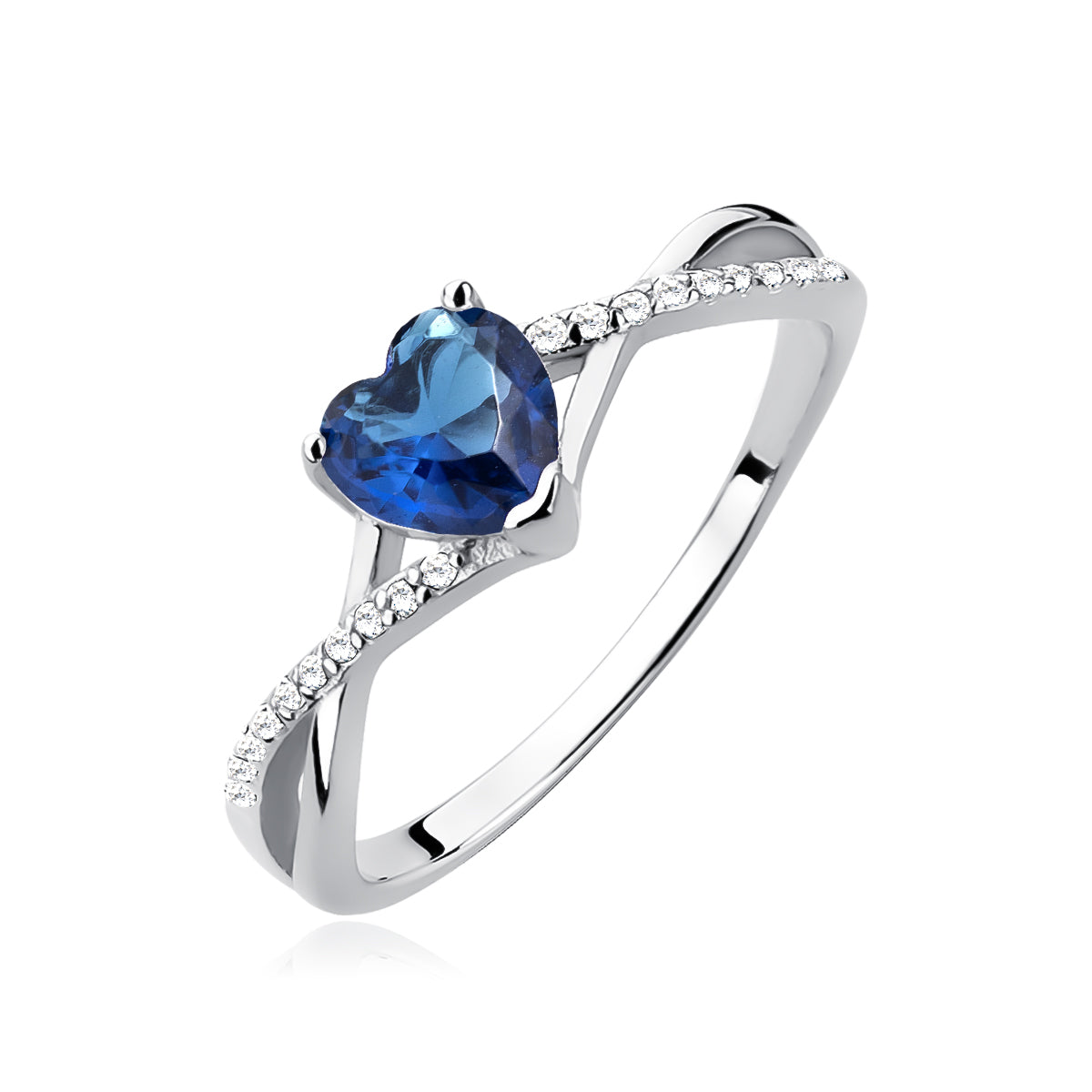 A sterling silver heart ring with a sapphire zirconia centerpiece and sparkling zirconia cascading down the shank.