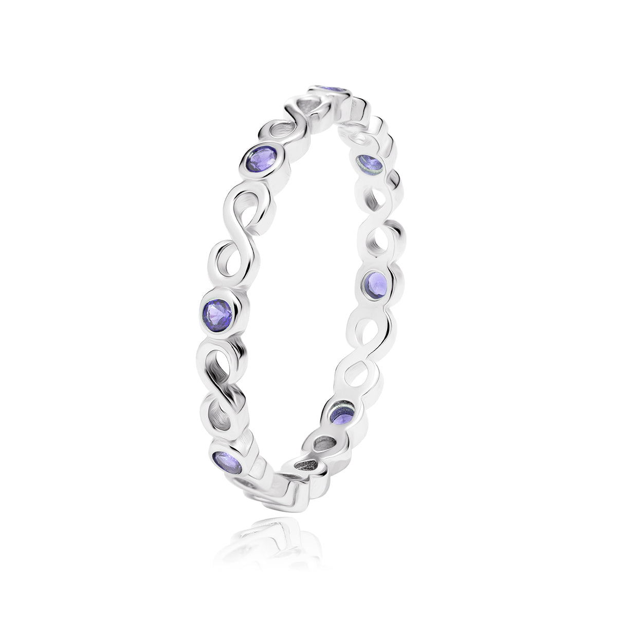 A silver ring with infinity loop designs and amethyst zirconia stones inserted at each loop