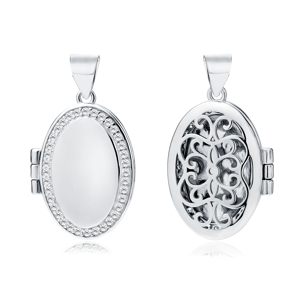 A silver oval locket with intricate designs on the front and a plain back, displayed against a white background.