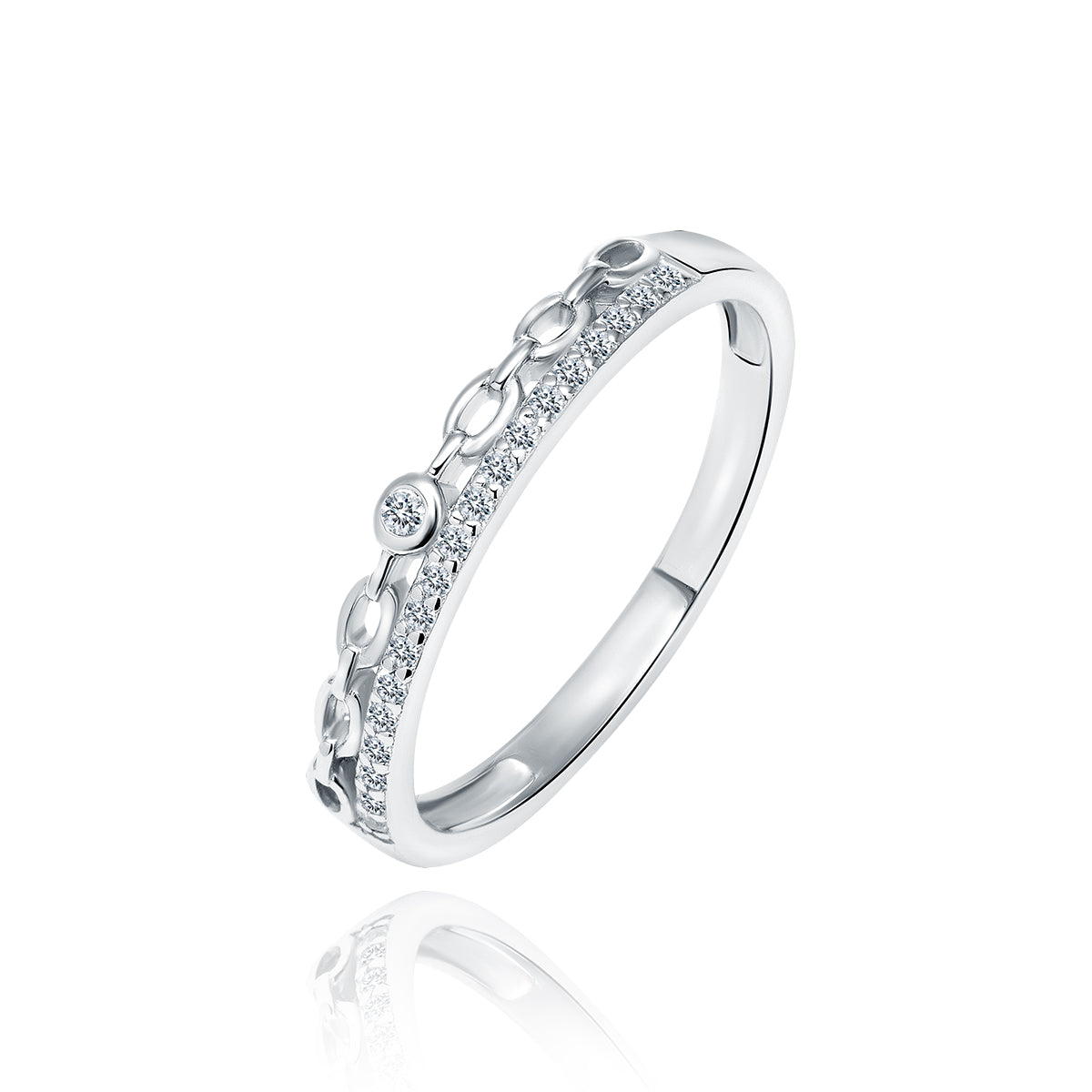 A silver ring with a band featuring small white zirconia stones arranged in a pattern, set against a white background.