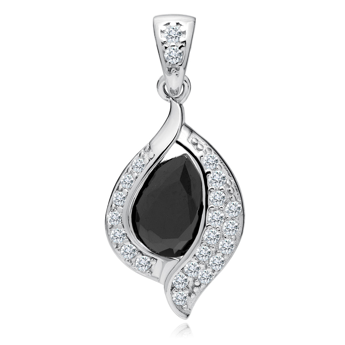 A silver teardrop-shaped pendant with black zirconia in the center and surrounded by white zirconia gems, suspended from a silver chain.