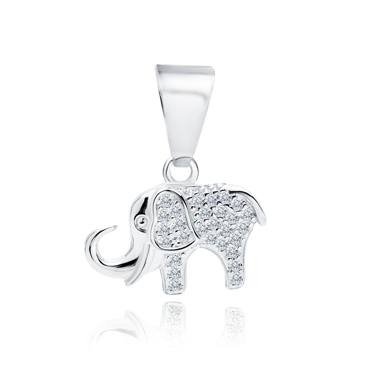 A silver pendant in the shape of an elephant adorned with white zirconia gemstones.