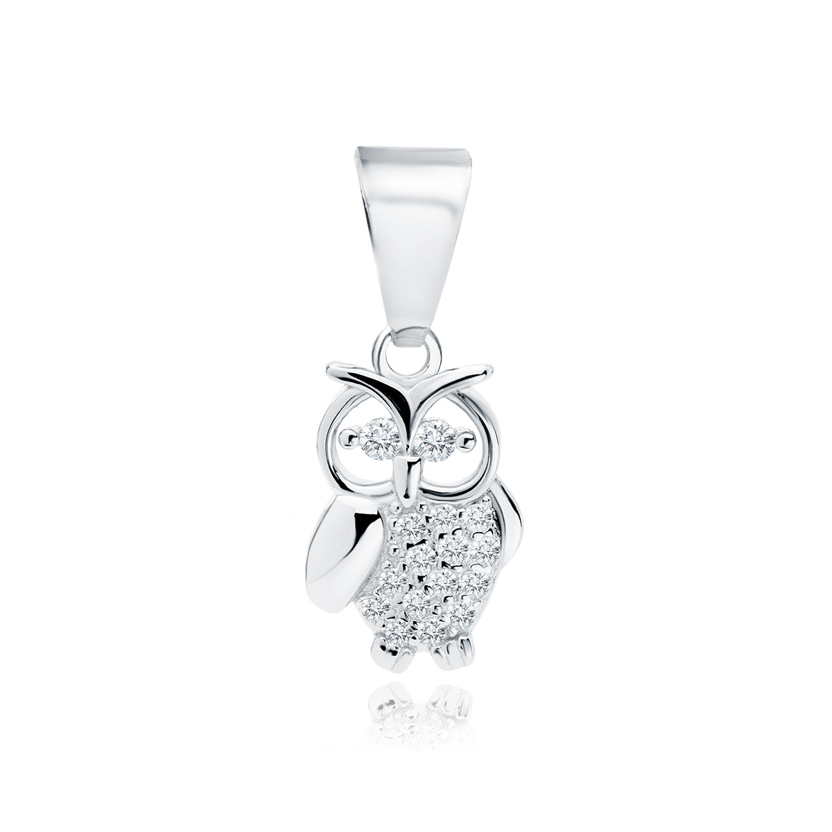 A silver pendant in the shape of an owl adorned with white zirconia gemstones.