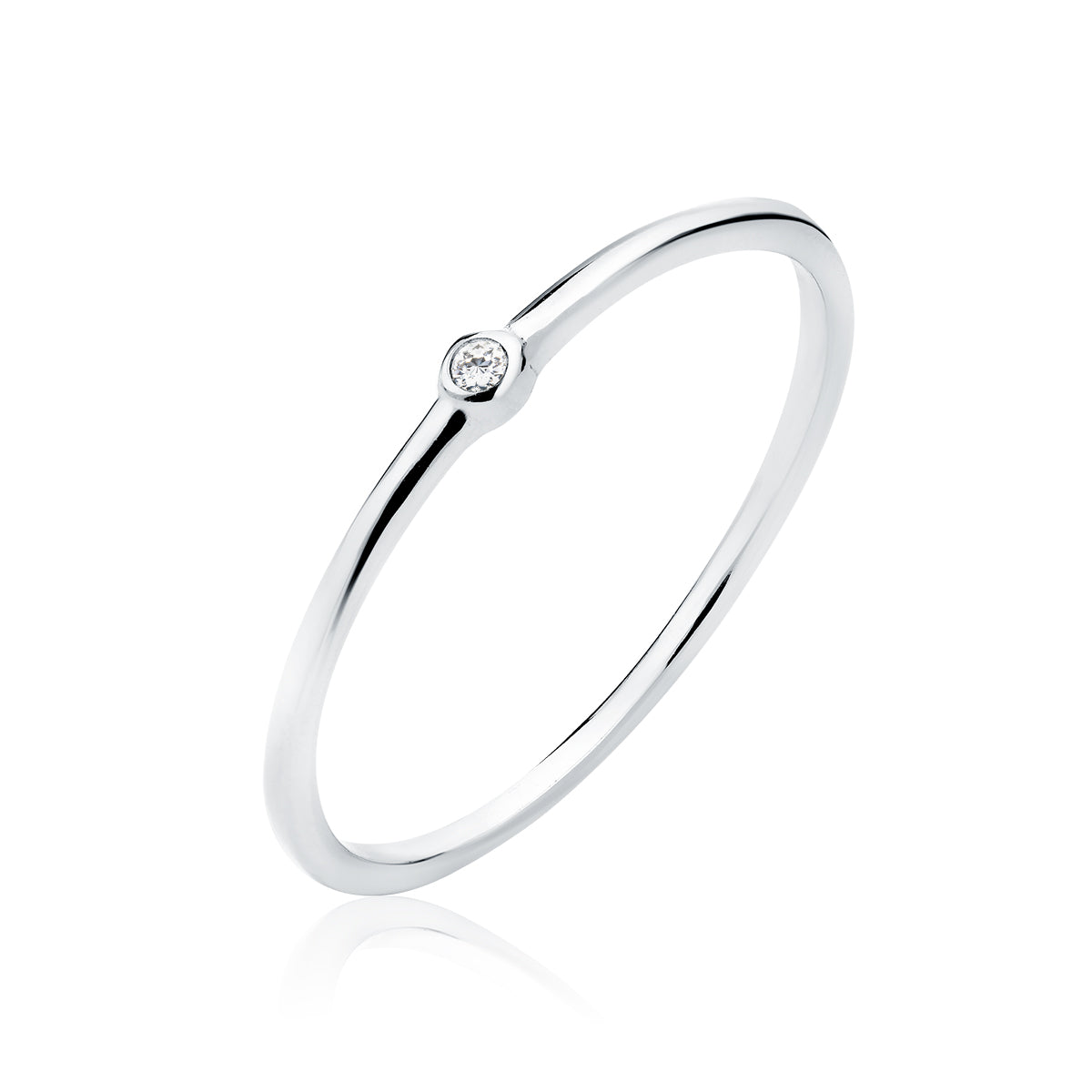 A simple silver ring with a single zirconia solitaire in the center, presented against a white background.