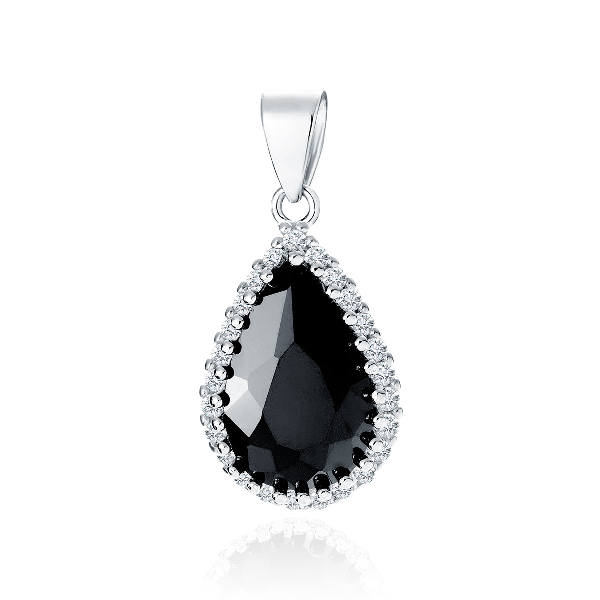 A silver pendant with a pear cut black zirconia in the center and white zirconia around it, suspended from a silver loop.