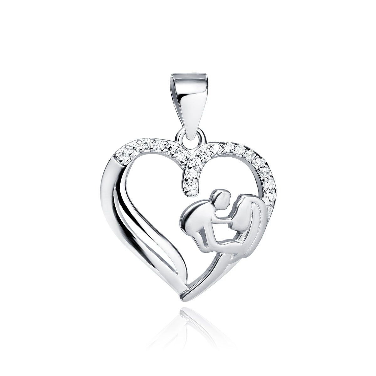 A silver pendant featuring a heart shape with a mother and child design, adorned with white zirconia.
