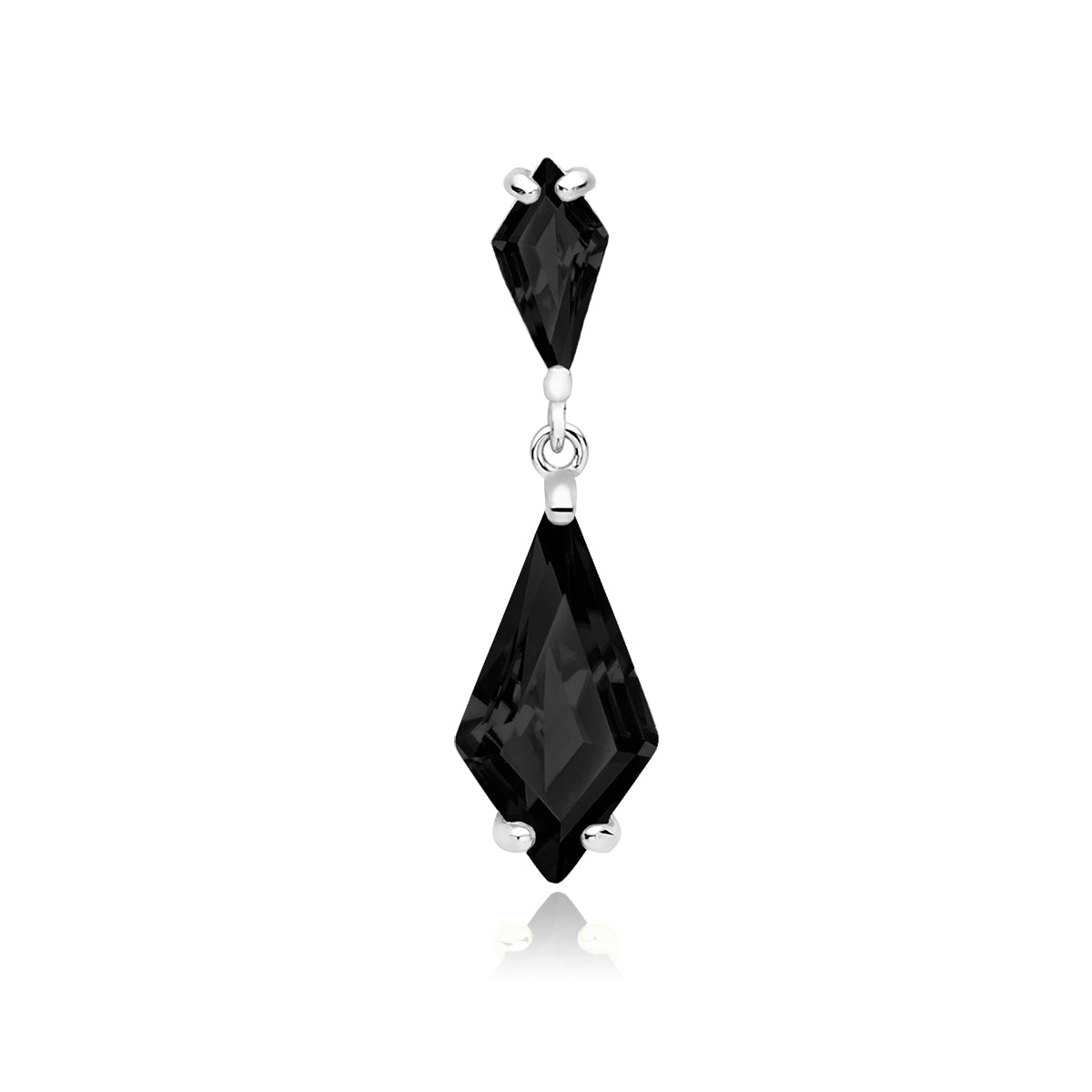 A silver drop pendant with black zirconia stones attached to it, displayed against a white background.