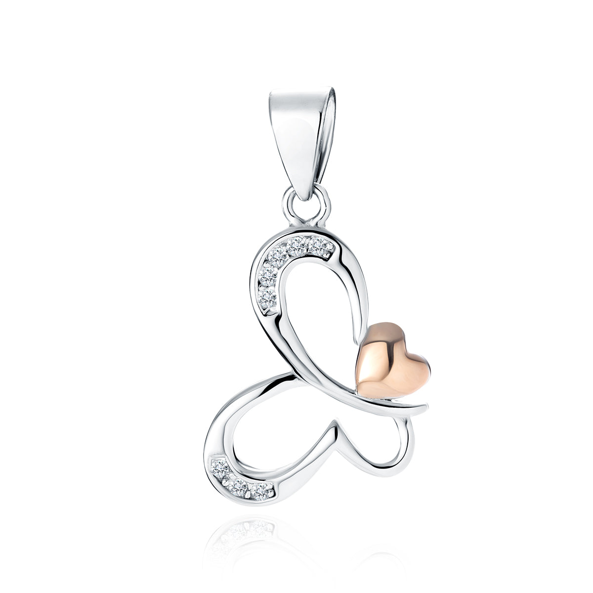 A silver pendant in the shape of a butterfly with a rose-gold plated heart and zirconia adorning the wings.