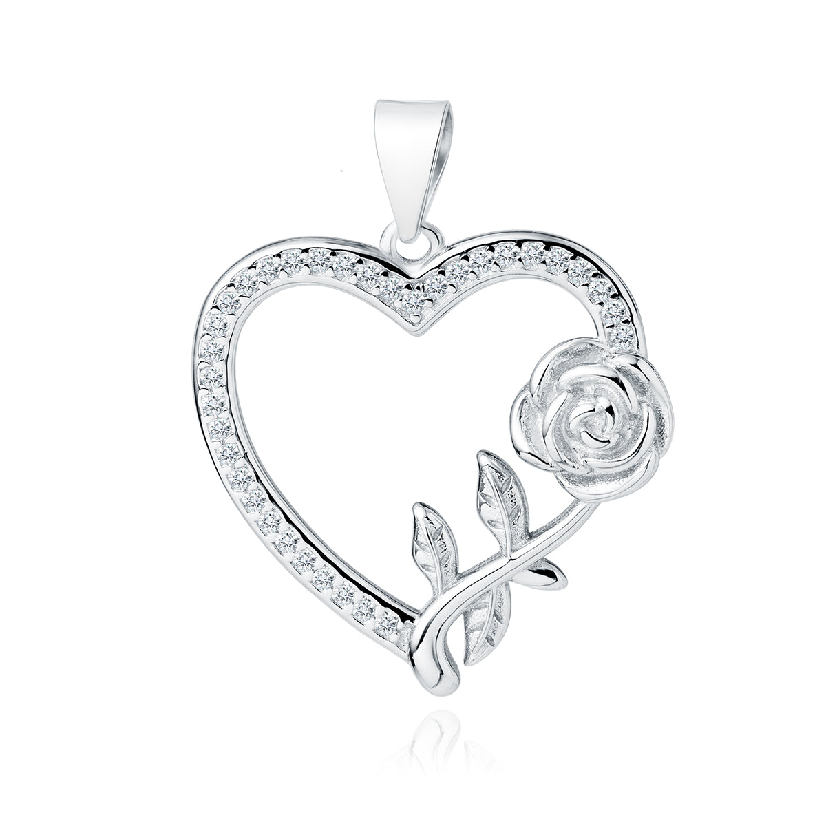 A silver pendant featuring a heart shape with a rose design on the right side, adorned with white zirconia.