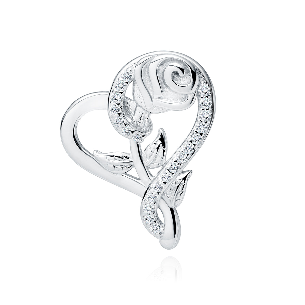 A silver pendant featuring a rose and heart design adorned with zirconia stones.