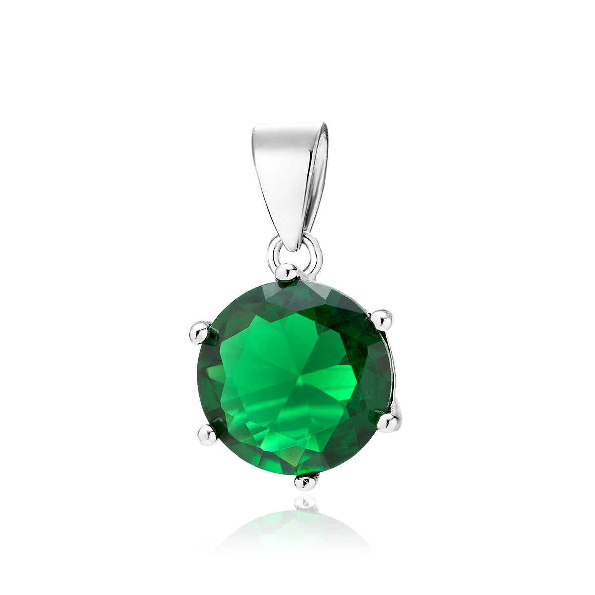 A silver pendant with a round emerald zirconia centerpiece, displayed against a white background