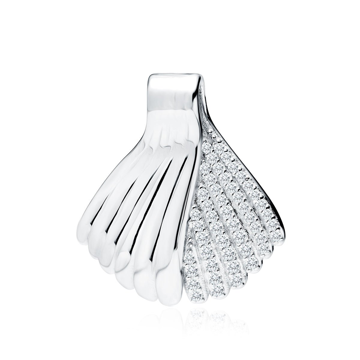 A silver pendant in the shape of a mermaid tail with white zirconia stones.