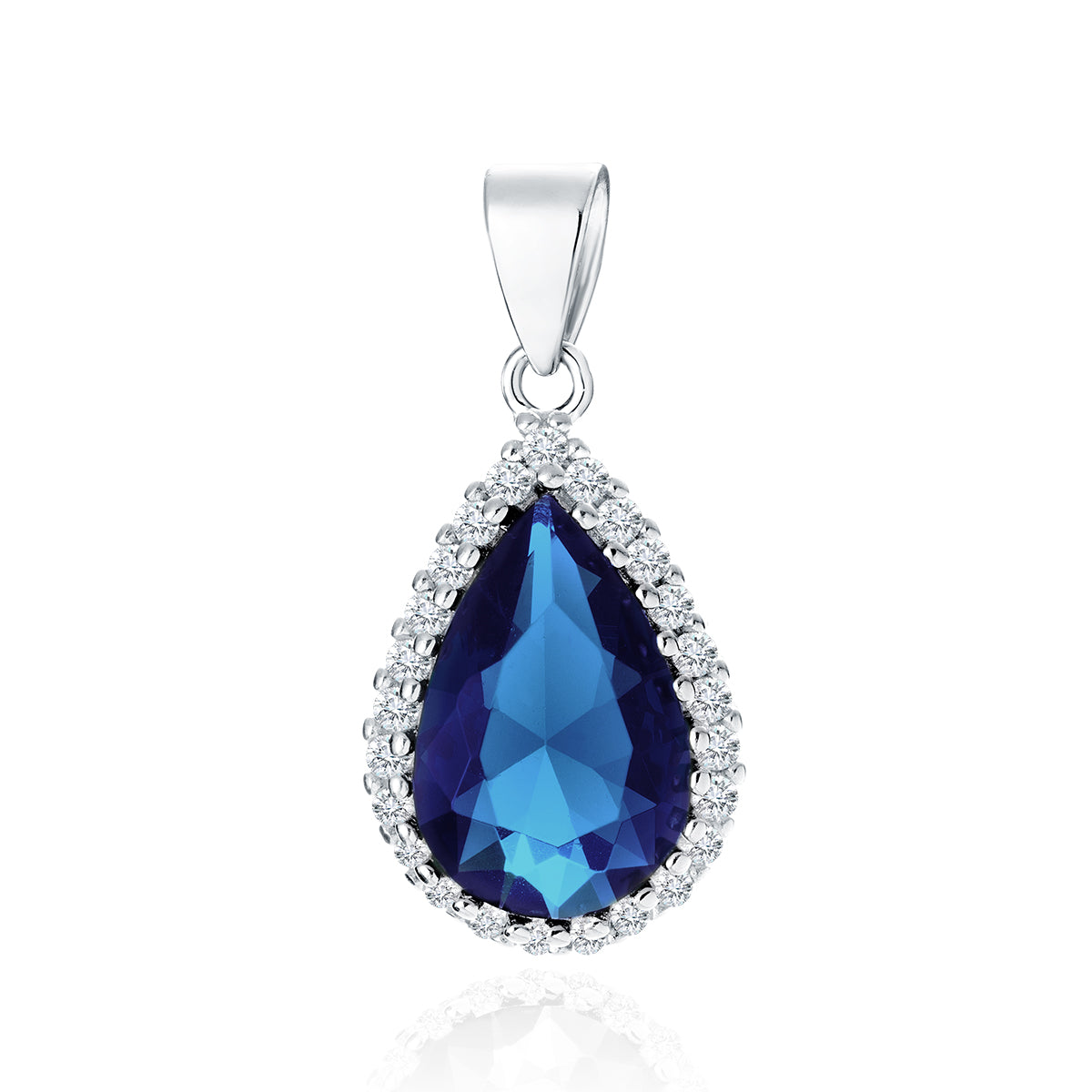 A silver pendant with a pear-cut blue sapphire zirconia in the center, surrounded by white zirconia gems.