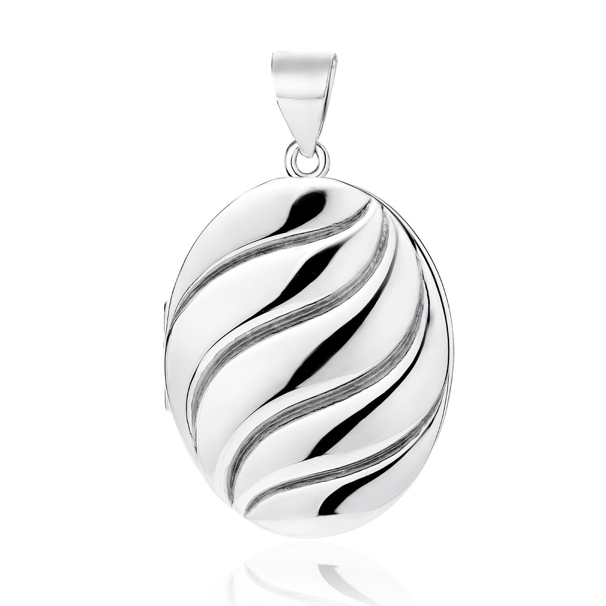 A silver locket with a swirl pattern, designed in an oval shape with a loop at the top for attachment.