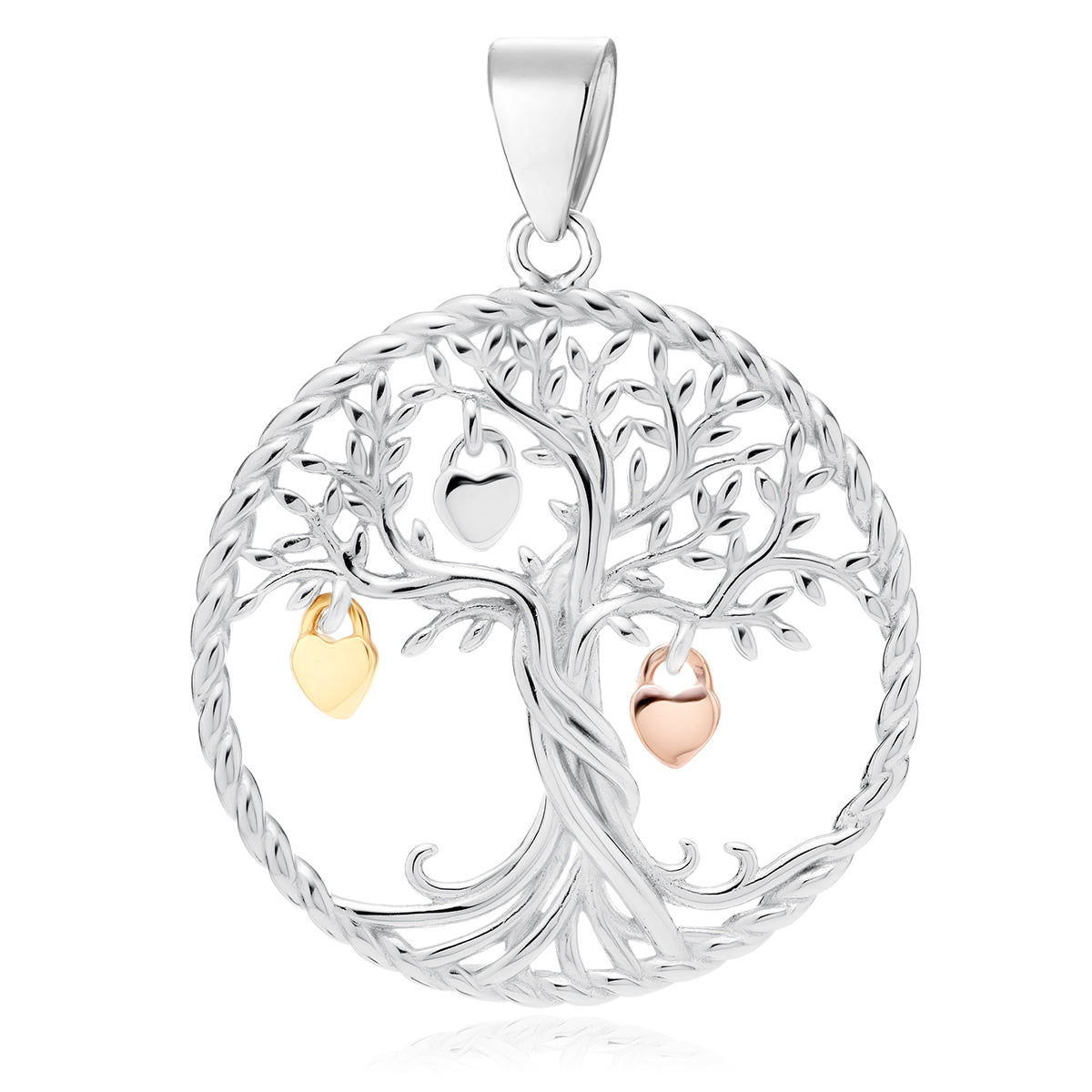 A silver pendant in the shape of a tree of life with hearts in silver, rose-gold plating, and gold plating.