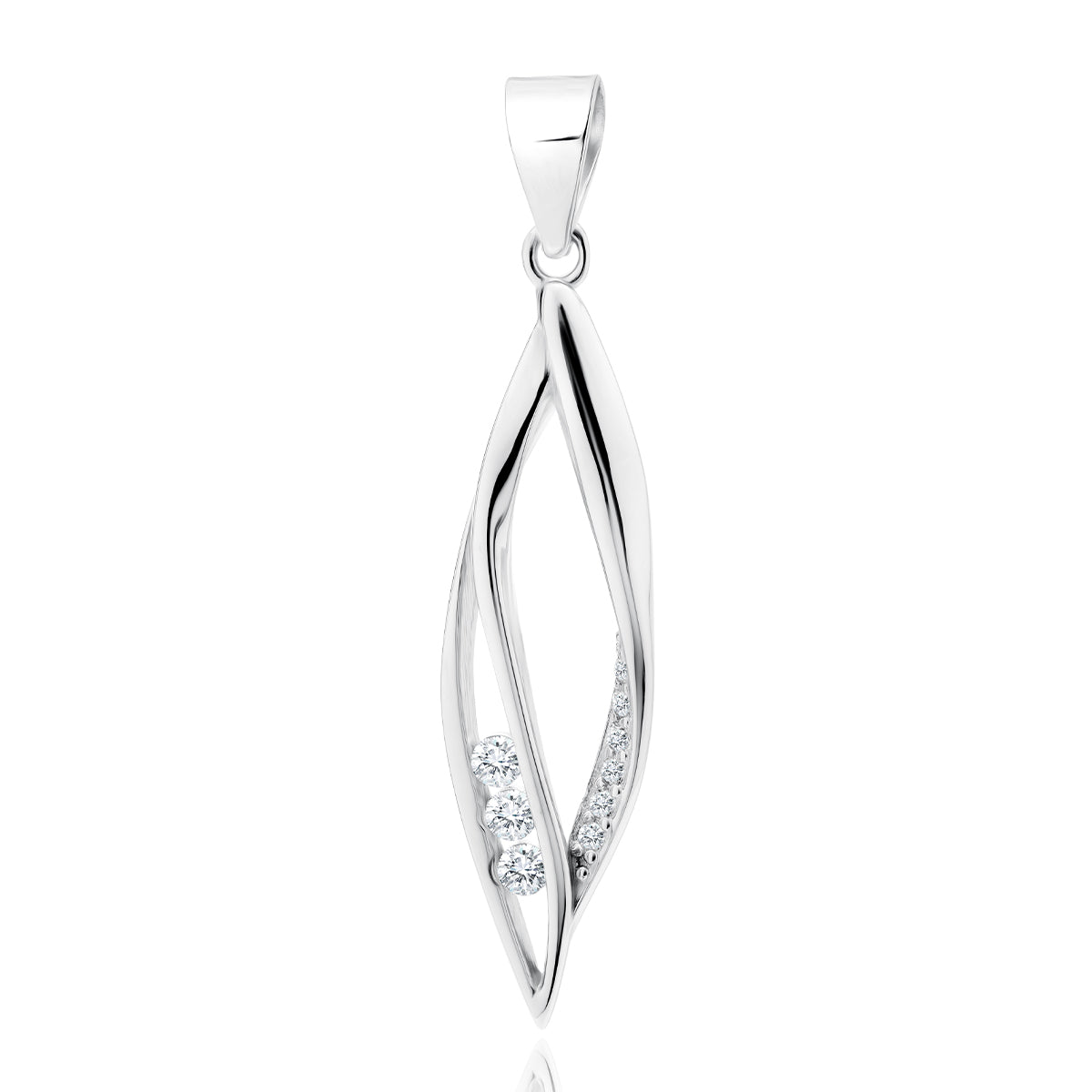 A silver pendant with a twisted design and white zirconia gemstones embedded along the twist.