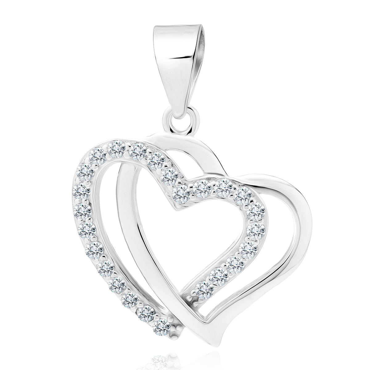 A silver pendant with a twin hearts design adorned with zirconia stones.