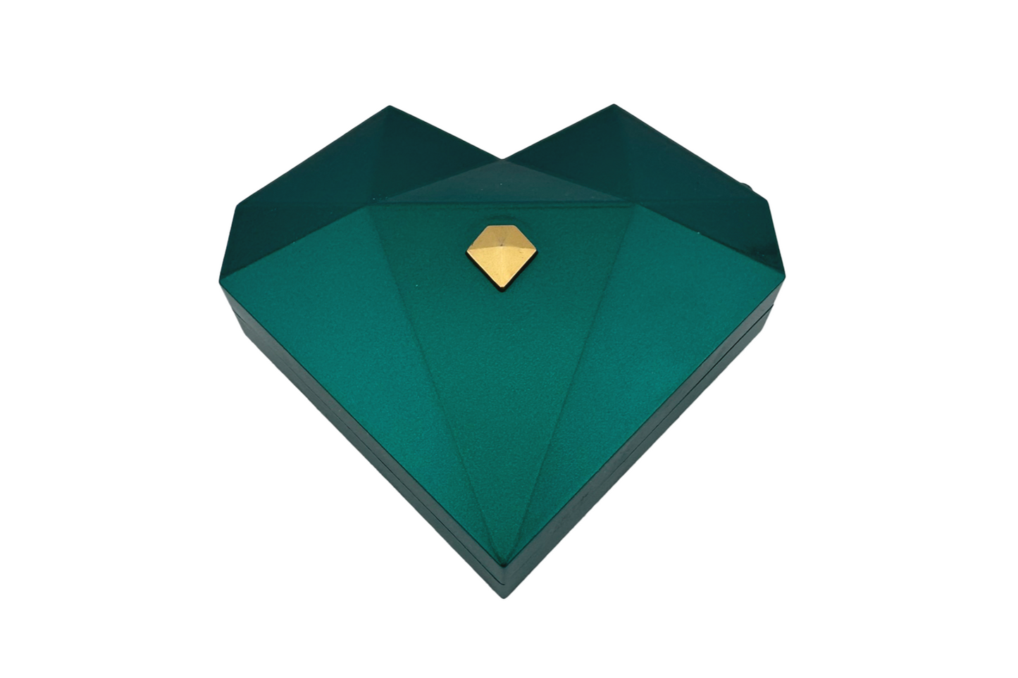 Three heart-shaped ring gift boxes in white, green, and red, with gold accents, displayed in an open presentation box.