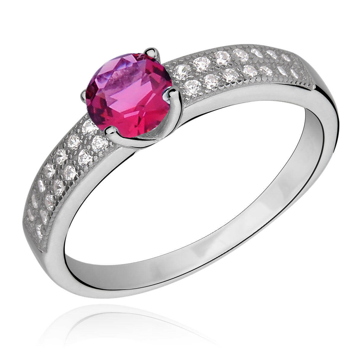 Silver ring with a pink gemstone on a white background