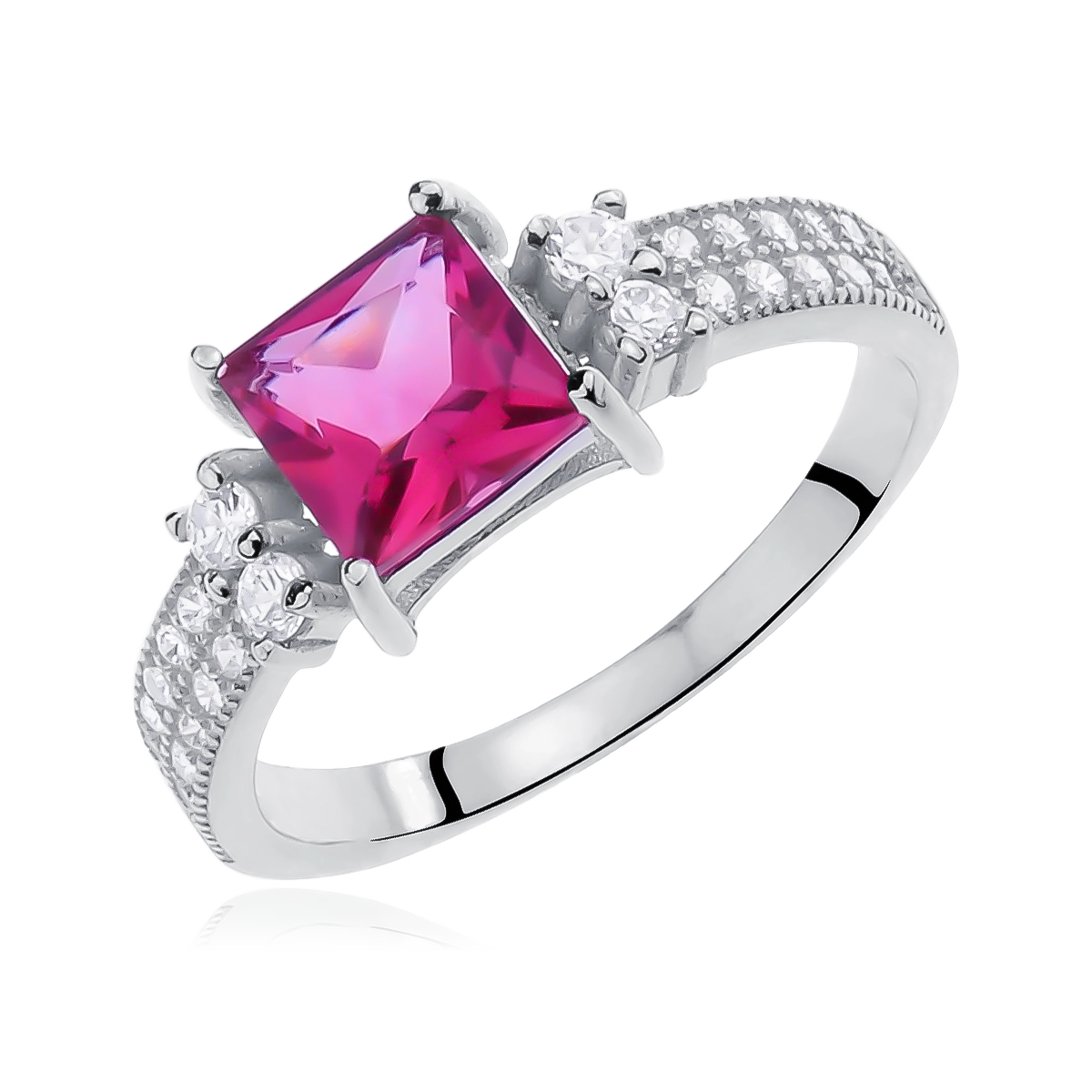 A silver ring with a square-cut ruby zirconia in the center and white zirconia accents along the bands.