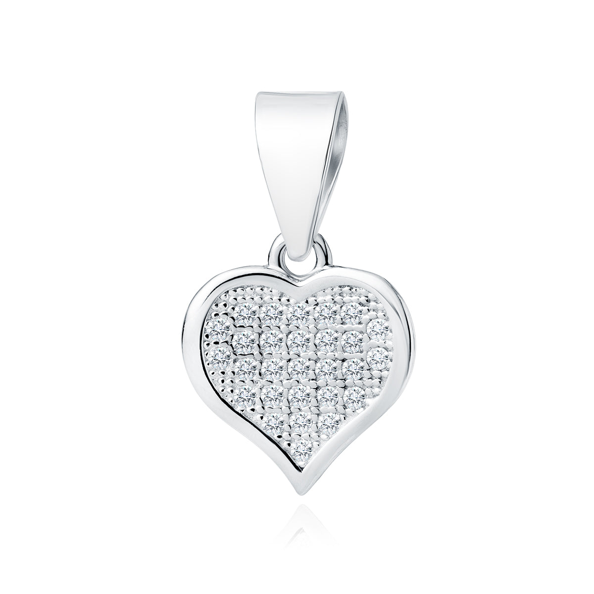 A silver pendant in the shape of a heart, adorned with white zirconia gems, suspended by a silver loop.