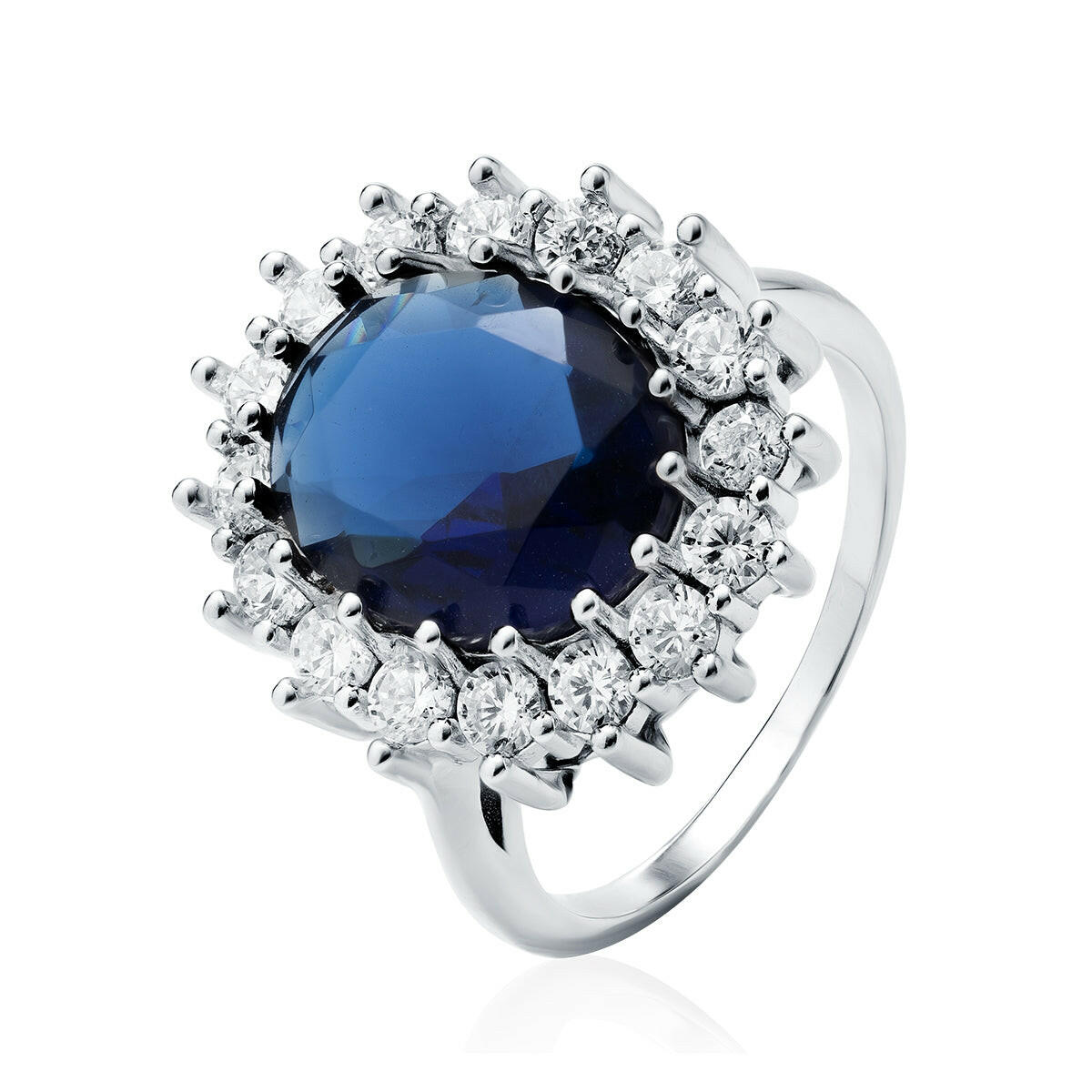 Silver ring with a blue gemstone and diamond accents on a white background