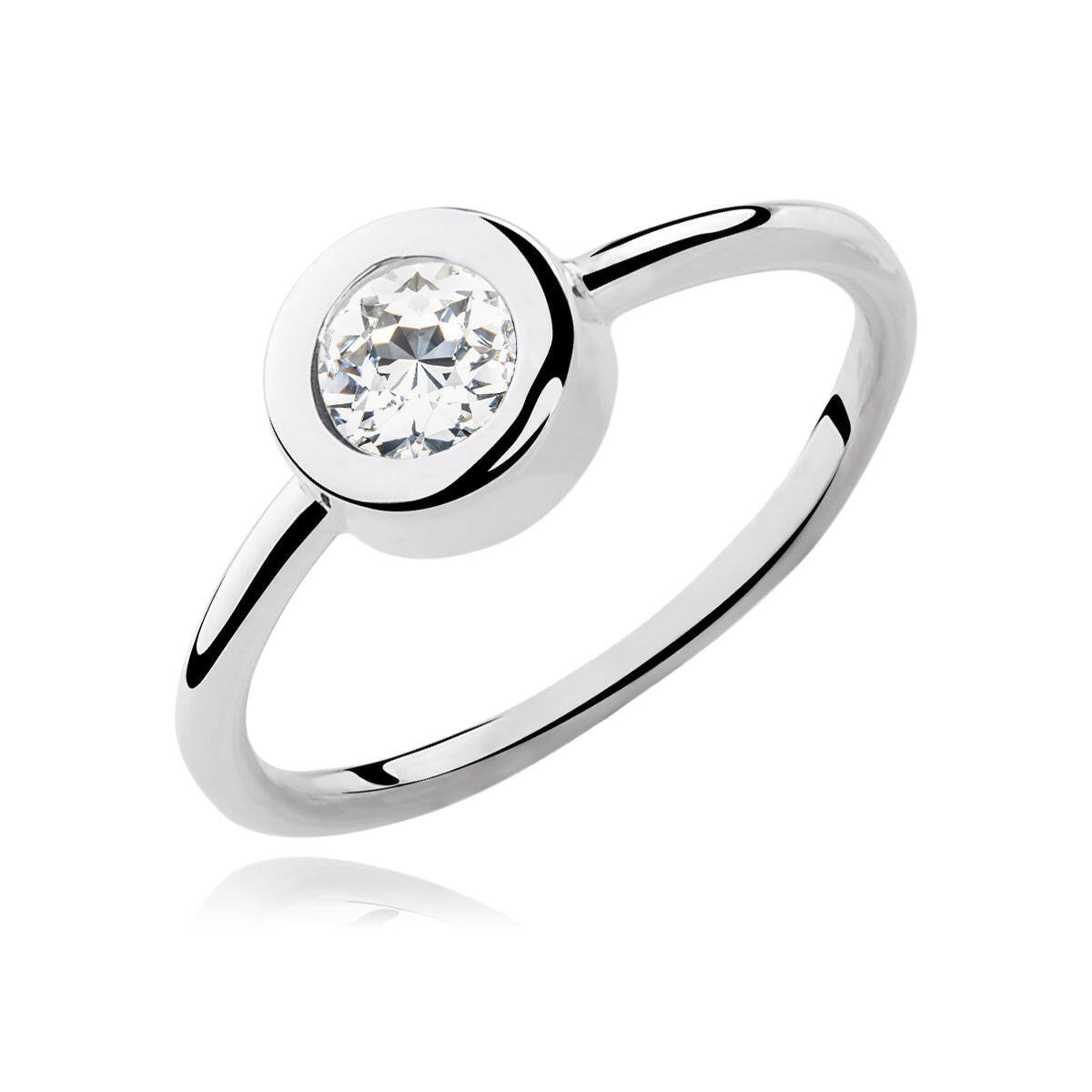 Silver ring with a clear gemstone on a white background