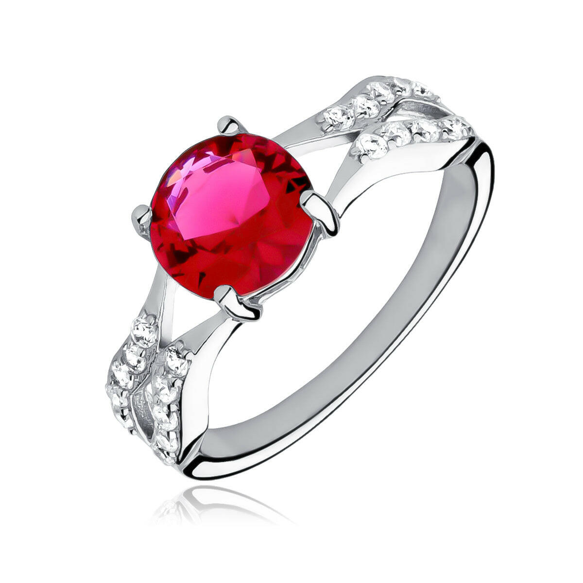 Silver ring with a red gemstone on a white background