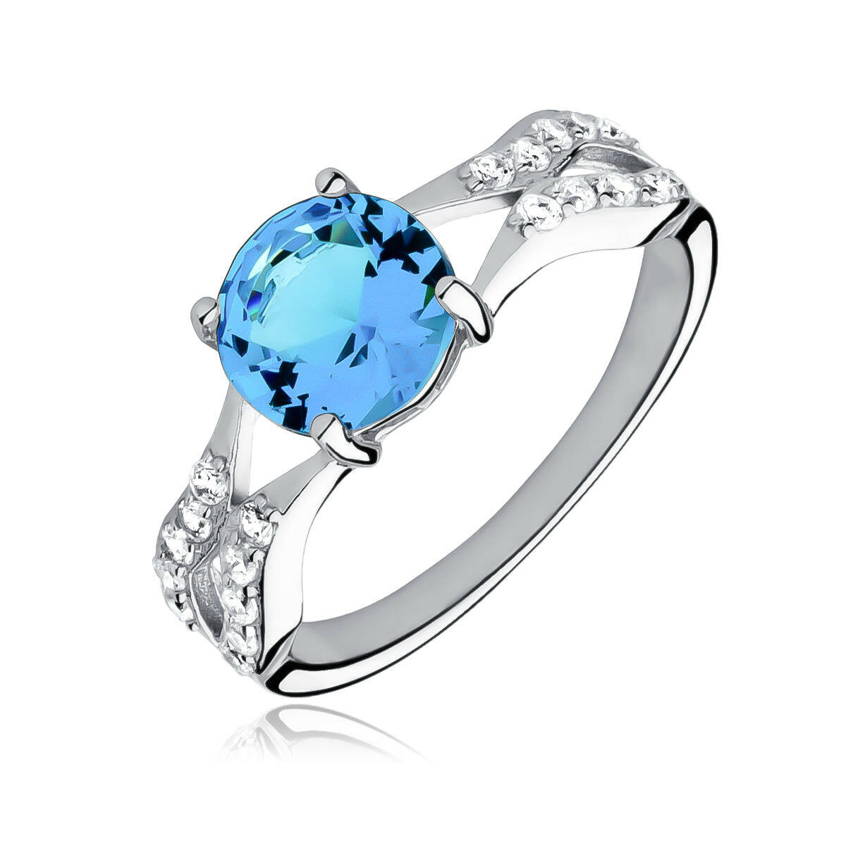 Silver ring with a blue gemstone on a white background