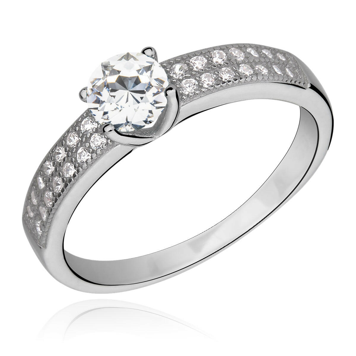Silver ring with a central diamond and smaller diamonds on the band against a white background