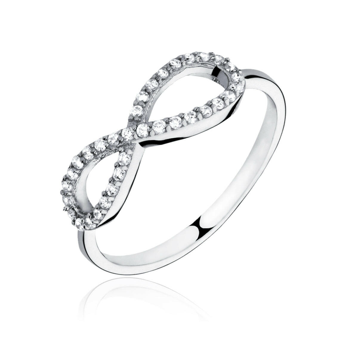 Silver infinity ring with clear gemstones on a white background