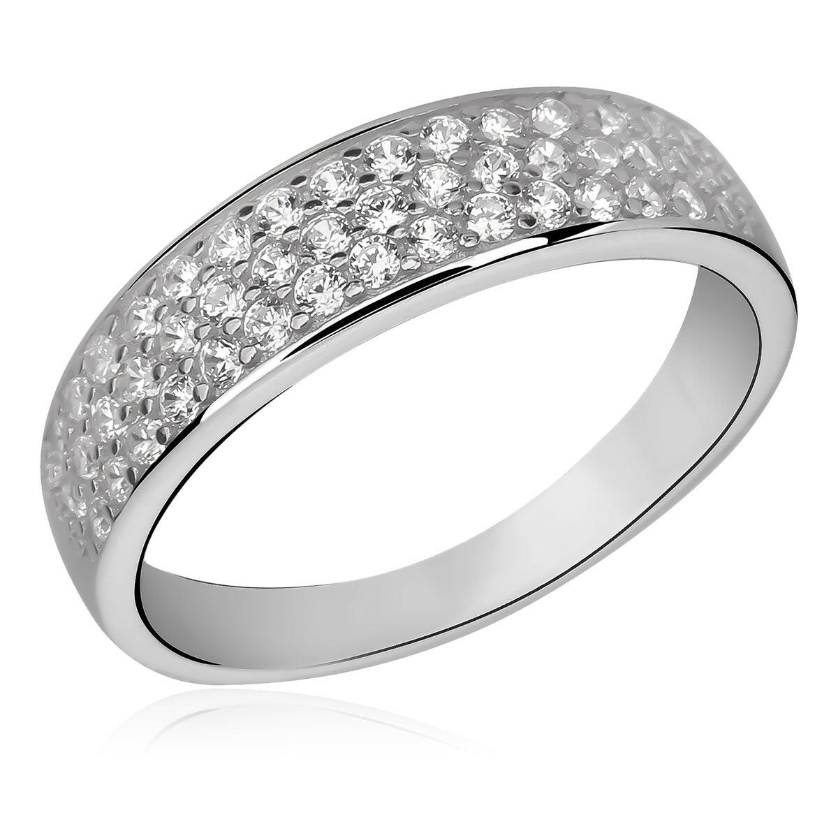 Silver ring with embedded diamonds on a white background