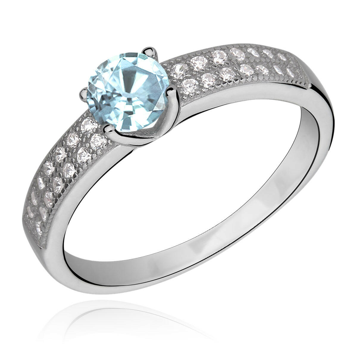 Silver ring with a blue gemstone on a white background