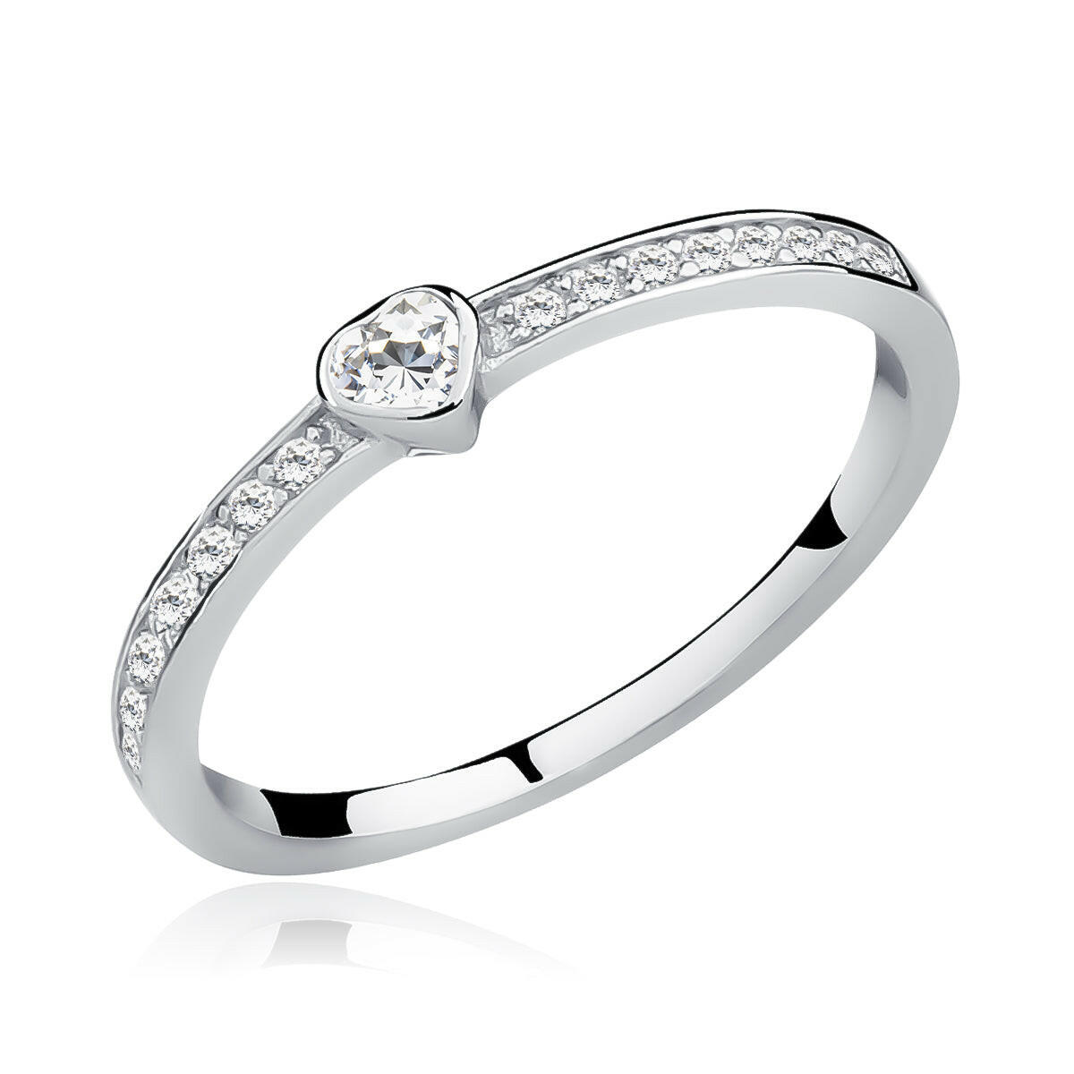 Silver ring with a heart-shaped diamond on a white background