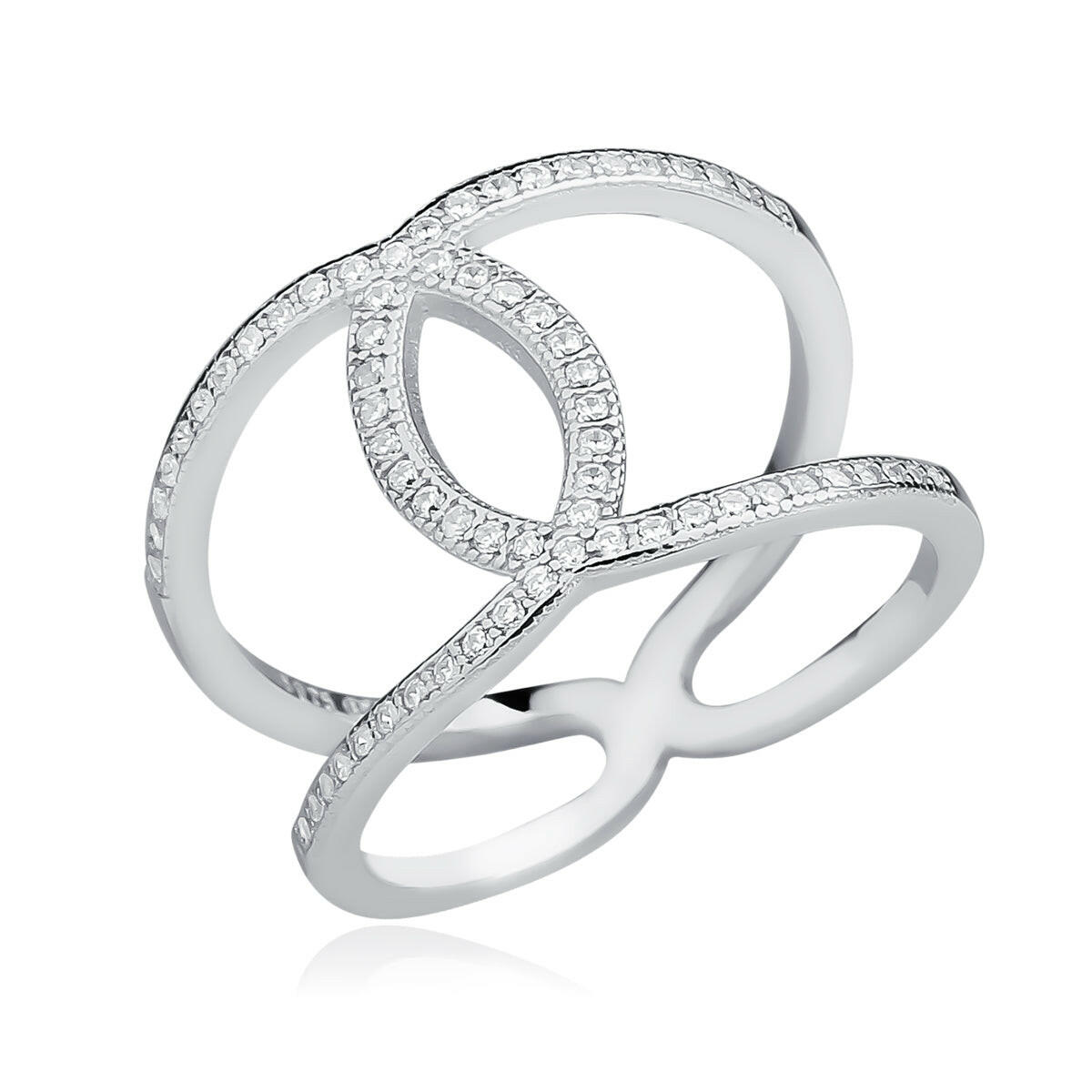 Silver ring with diamond accents on a white background