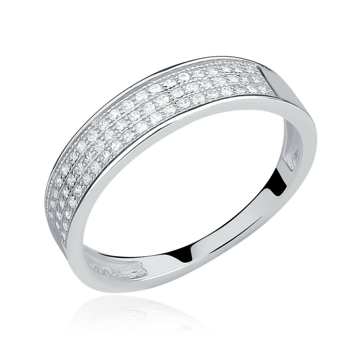 Silver ring with embedded diamonds on a white background