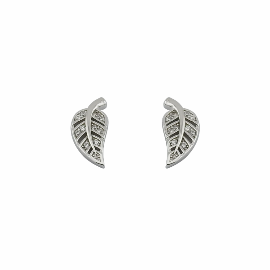 Pair of silver leaf-shaped earrings on a white background